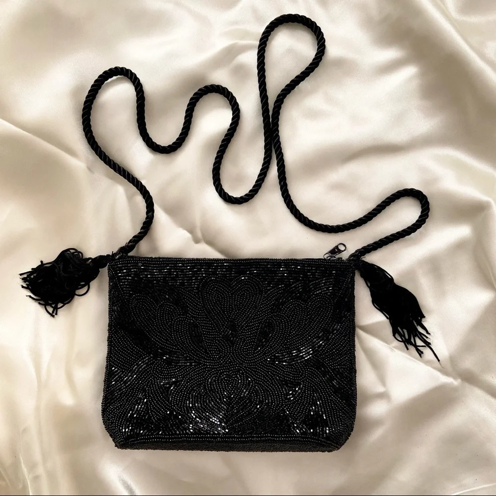 Vintage 80s black beaded purse